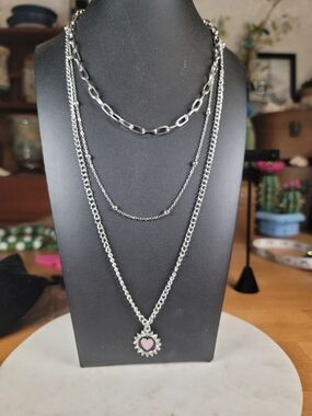 paparazzi Silver Layered Chain Necklace with Purple Heart Sunburst Pendant